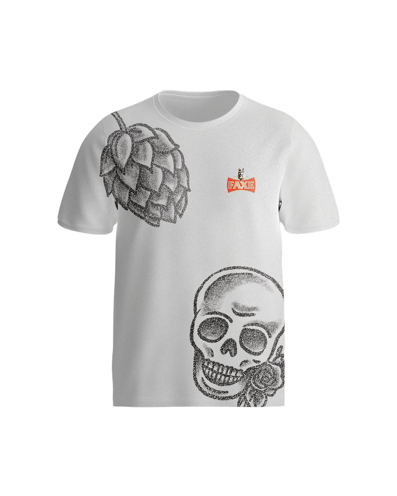 White t-shirt with hop and skull tattoo style icons and FAXE Beer printed