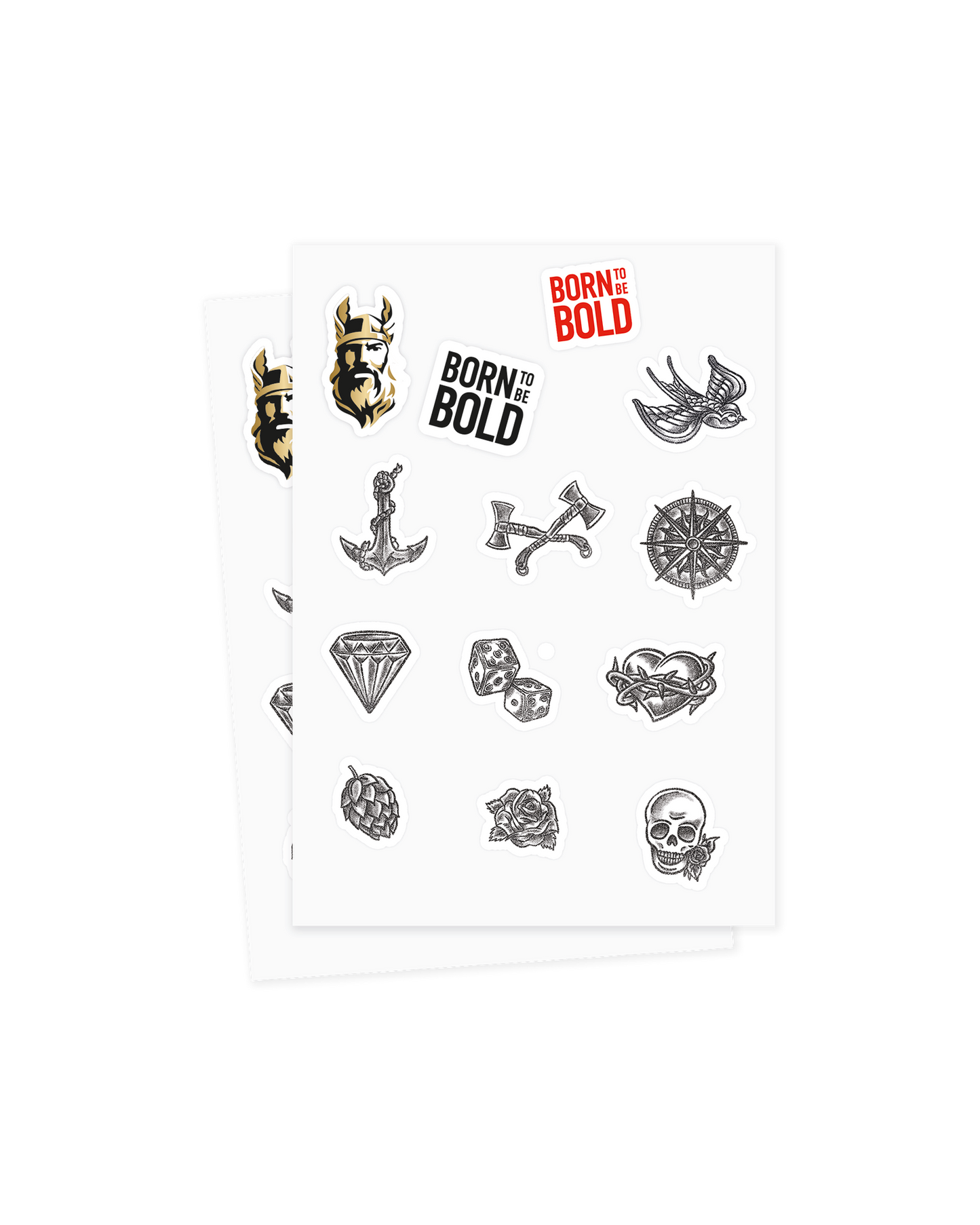 Sheet with tattoo icons and FAXE beer icon logo and tagline cut-out stickers