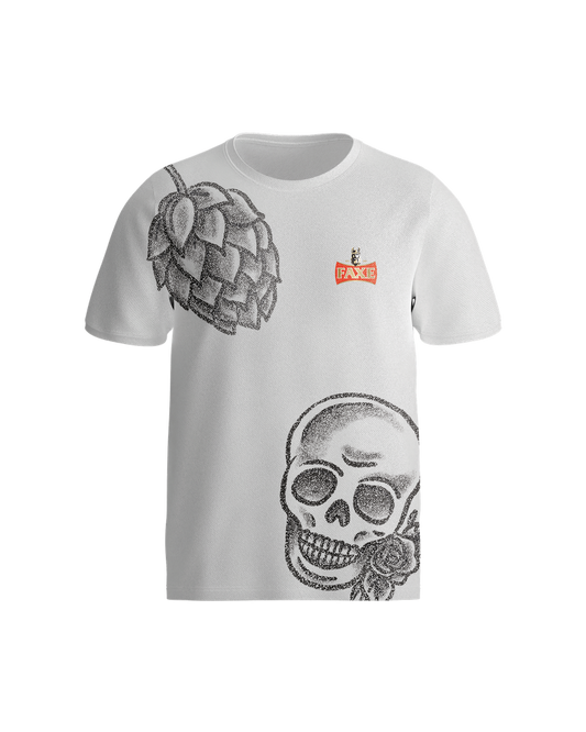 White t-shirt with hop and skull tattoo style icons and FAXE Beer printed