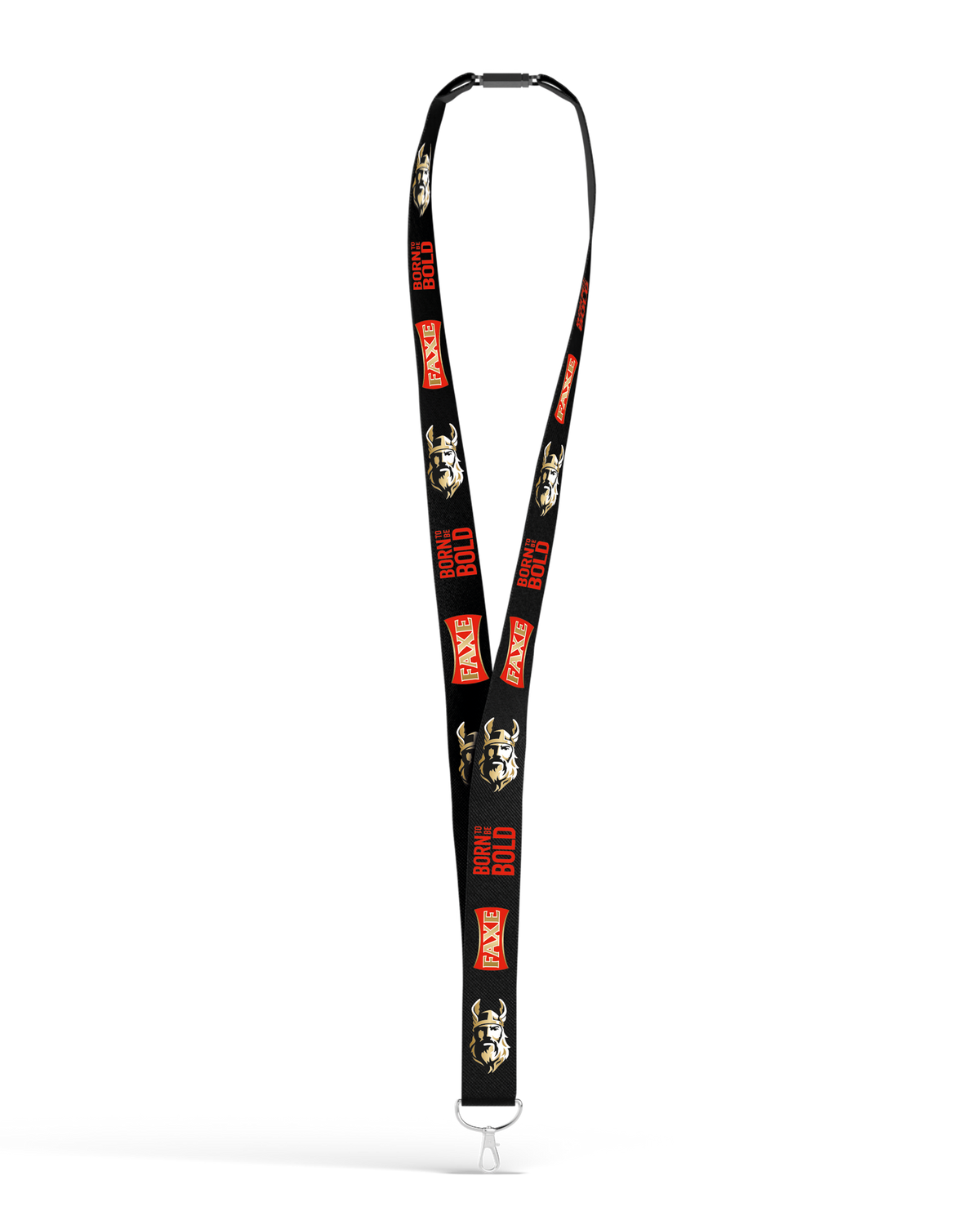 Black lanyard with FAXE Beer logo, icon and tagline in red print