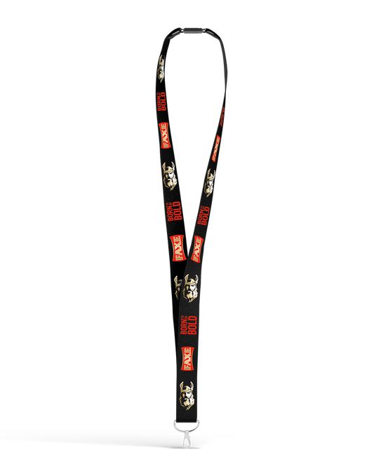 Black lanyard with FAXE Beer logo, icon and tagline in red print
