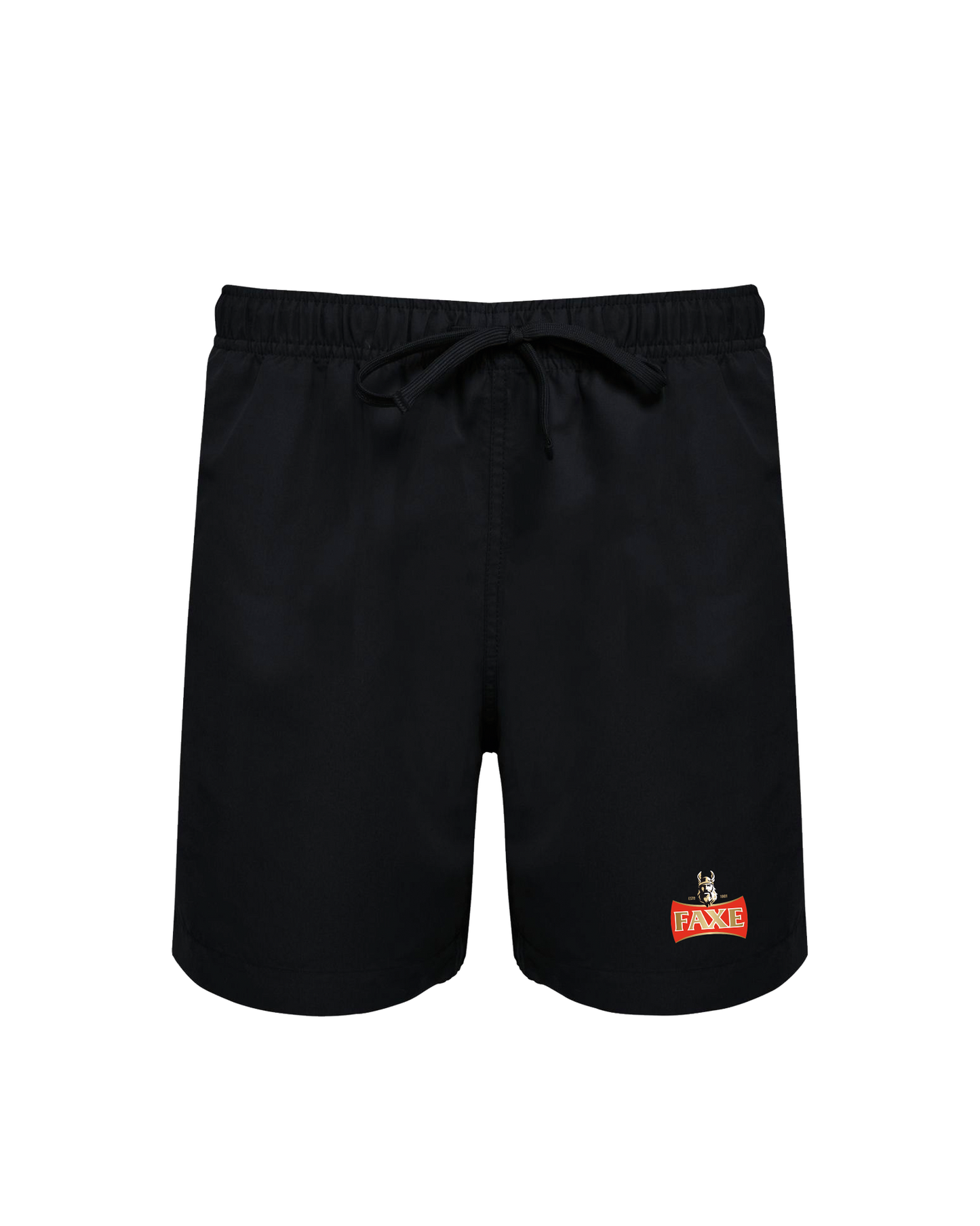 Black swim shorts with printed FAXE Beer logo on left thigh