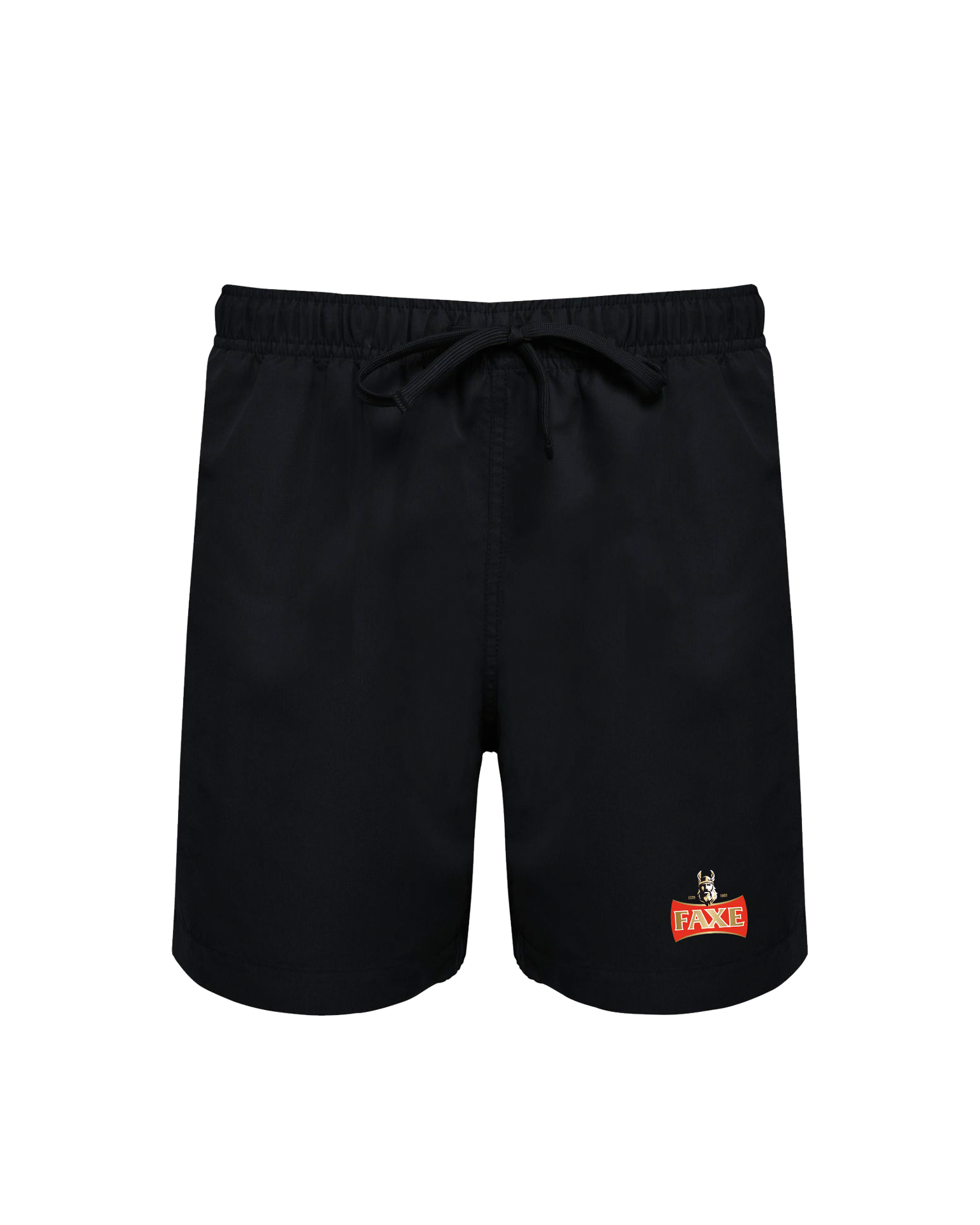 Black swim shorts with printed FAXE Beer logo on left thigh