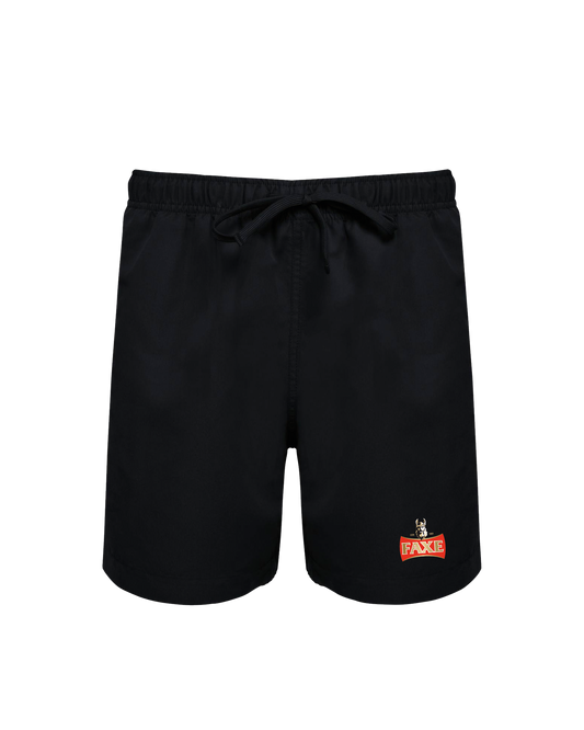 Black swim shorts with printed FAXE Beer logo on left thigh