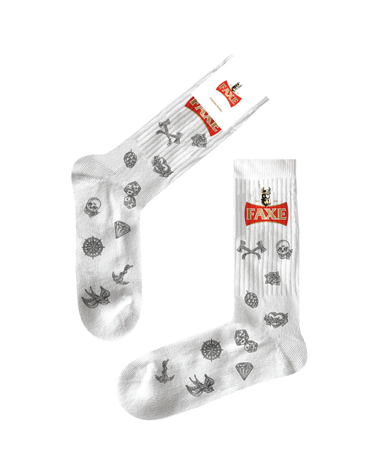 White sport socks with tattoo icons and FAXE Beer logo - one size fits most
